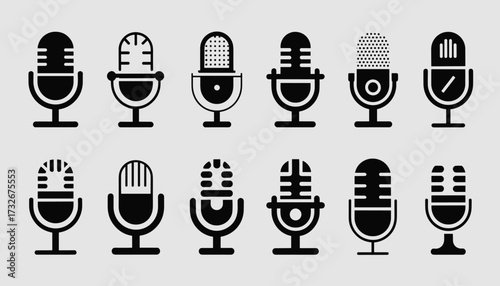 Collection of vintage and modern microphone icons in black silhouette on a plain gray background, representing audio recording and broadcasting