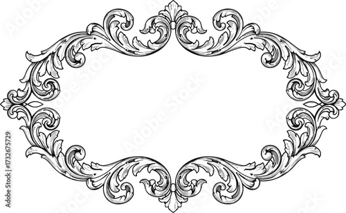 Vintage ornate frame illustration, baroque border design, decorative floral scrollwork, antique engraving ornament, elegant invitation template, classic vector artwork