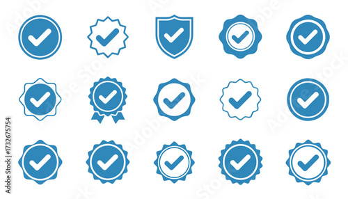 Collection of blue checkmark badges and icons, representing approval, verification, and success