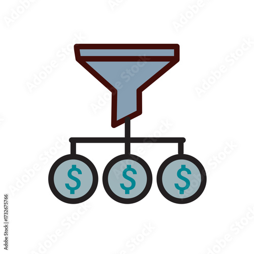 Sales funnel with dollar signs isolated on white background representing conversion, lead generation, marketing strategy, and revenue growth in business