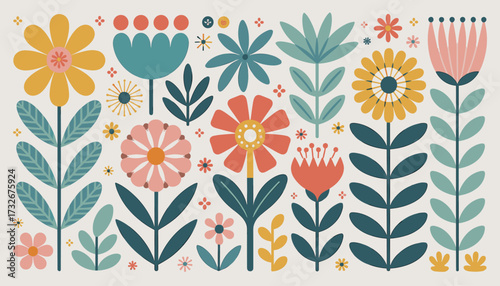 A collection of stylized, colorful folk art flowers and plants in various shapes and sizes, arranged in a decorative pattern on a light background