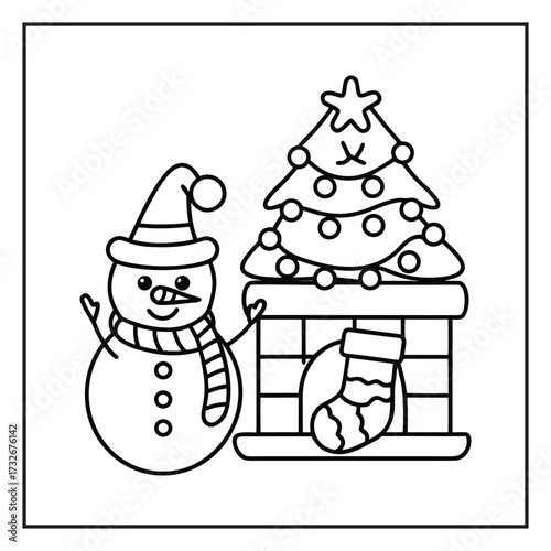 Kawaii Christmas coloring page with cute Santa and reindeer, Hand-drawn kawaii Christmas scene black and white coloring page, Adorable kawaii Christmas tree and gifts coloring sheet