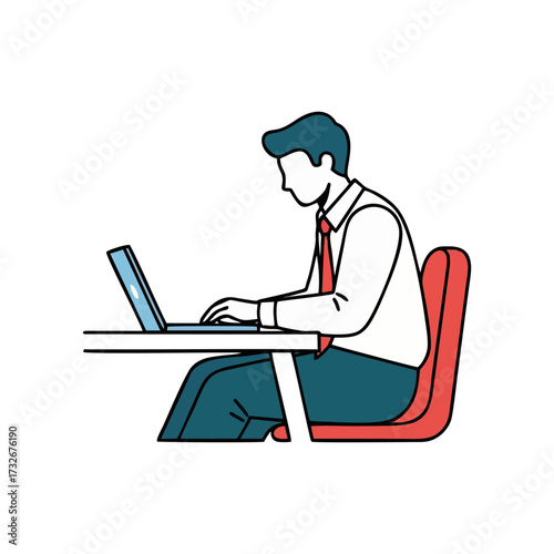 Minimalist vector illustration of a businessman in a shirt and tie working on a laptop at his desk.