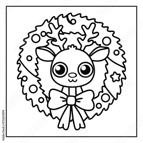 Kawaii Christmas coloring page with cute Santa and reindeer, Hand-drawn kawaii Christmas scene black and white coloring page, Adorable kawaii Christmas tree and gifts coloring sheet