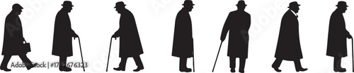 Elderly silhouettes walking with canes, aging concept, mobility support, senior lifestyle, timeless movement, health awareness, vintage fashion, graceful aging, minimal art
