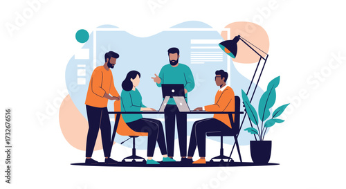 A diverse team collaborates effectively in a modern office setting.