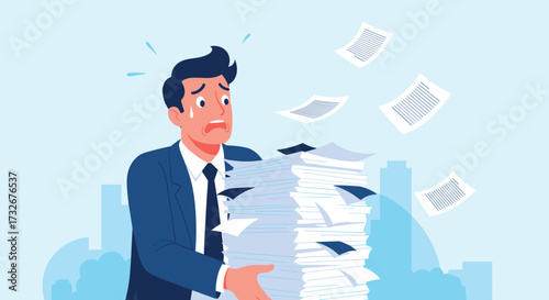 A stressed businessman carries a huge stack of documents and papers.