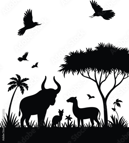 Flat wildlife illustration featuring jungle animals in natural habitat vector silhouette isolated in black and white
