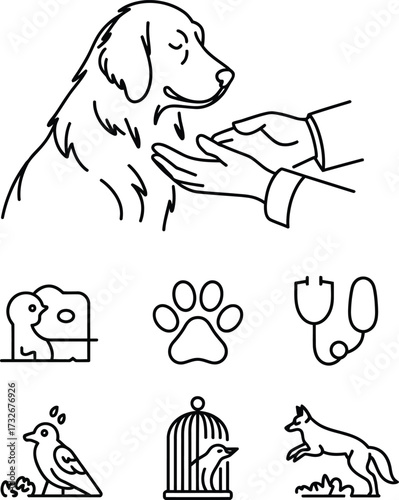 Line art icons set of pet care, veterinary and wildlife vector silhouettes isolated in black and white