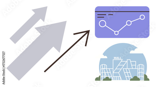 Upward arrows, analytics chart with rising data points, and modern shopping mall. Ideal for business, growth, retail, marketing, analytics progress investment. Simple flat metaphor