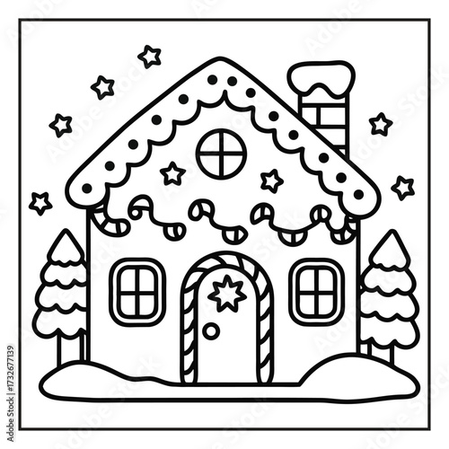Kawaii Christmas coloring page with cute Santa and reindeer, Hand-drawn kawaii Christmas scene black and white coloring page, Adorable kawaii Christmas tree and gifts coloring sheet