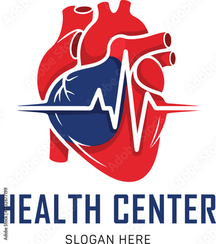 Human Heart Anatomy Logo with Heartbeat Pulse Line for Cardiology and Health Center