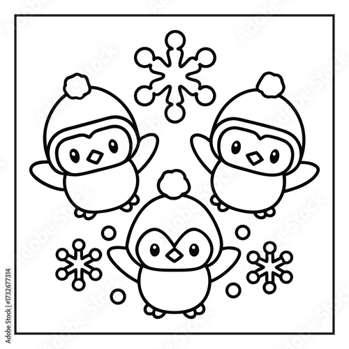 Winter Penguins: A playful winter scene featuring three adorable cartoon penguins adorned with winter hats and snowflakes, evoking the chill and cheer of the holiday season.