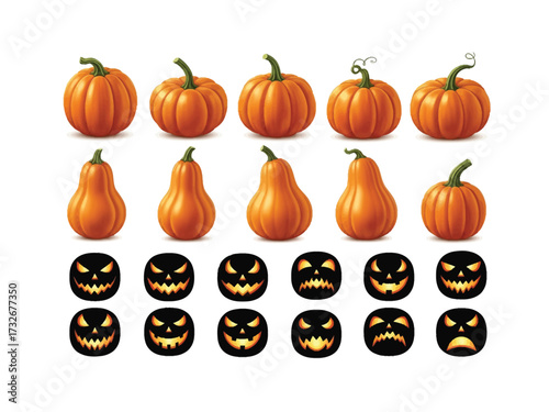 Harvest Abundance: An assortment of vibrant pumpkins and festive jack-o'-lanterns, celebrating the spirit of harvest and autumn in a detailed graphic design.