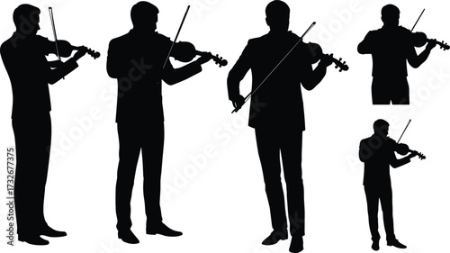 Elegant silhouettes of violinists performing classical music, formal attire, expressive poses, artistic black and white contrast, orchestral harmony, timeless elegance