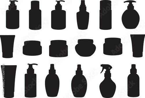 Vector collection of cosmetic bottle silhouettes including pump dispensers, spray bottles, cream jars, and lotion tubes for beauty packaging design.