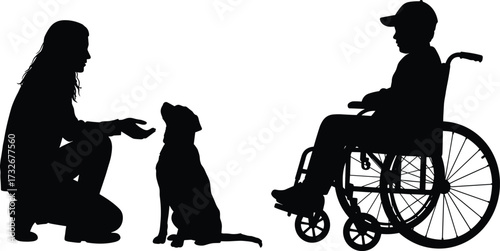 Silhouette of dog interaction, kneeling person, wheelchair observer, service animal, therapy scene, accessibility, companionship, white background, inclusive design