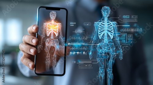Telemedicine, physician reviews AI driven health data on holographic interface beside smartphone, inside hospital office to enhance outcomes. concept EHR, decision support, smart hospital.