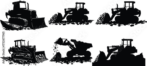 Heavy bulldozer and loader construction machinery working with soil, rocks, and gravel on building site, industrial equipment vector silhouette illustration