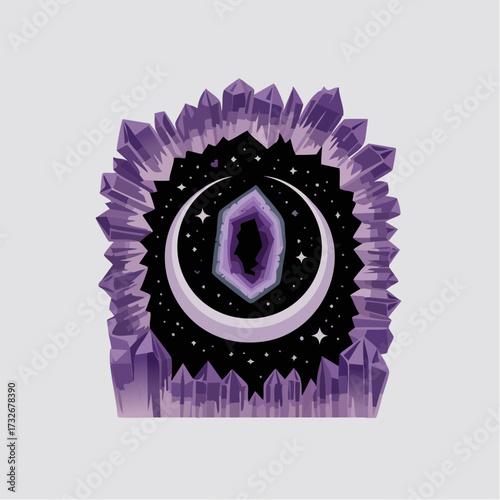 Fantasy concept of a cosmic gateway inside a sparkling amethyst crystal cluster with a starry night sky and moon