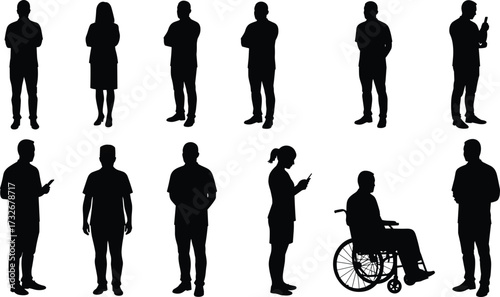 Human silhouettes, diverse poses, wheelchair inclusion, mobile interaction, black figures, white background, accessibility awareness, social representation, vector design, graphic illustration