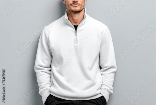 Modern man confidently poses in a crisp white quarter-zip sweatshirt, showcasing casual style and comfort against a clean studio backdrop, perfect for fashion campaigns.