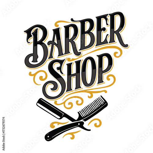 A vintage logo with ornate typography, straight razor, and comb.
