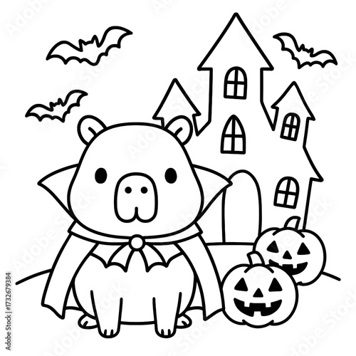 Kawaii Halloween Capybara Coloring Page with Vampire Costume, Haunted House, Pumpkins and Flying Bats