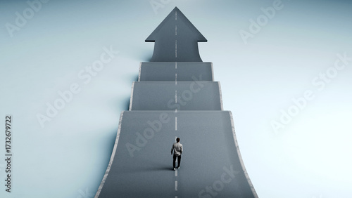 Man walking on a bending up and down road with arrow at the end symbolizing growth, resilience and success, 3D Render
