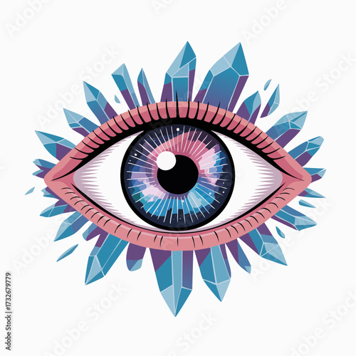 Mystical all-seeing eye with a cosmic iris surrounded by magical healing blue crystals vector illustration