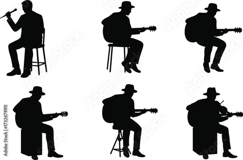 Silhouette musicians seated, acoustic guitar players, singer with microphone, black figures, hats, musical performance, artistic pose, stool, expressive posture, minimal style.eps