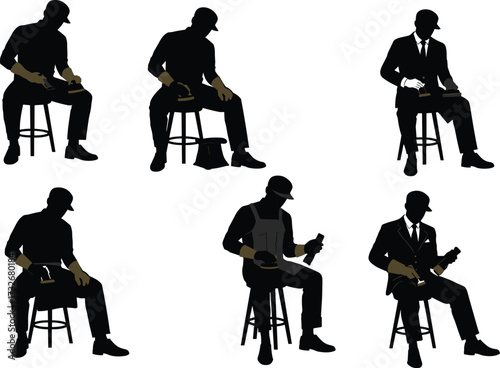 Silhouette workers polishing shoes, repairing footwear, reading notes, inspecting design, seated on stools, black figures, shoe care professions, minimalist style