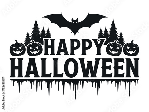 Happy Halloween Silhouette: A festive Halloween illustration features intricately carved jack-o'-lanterns, a spooky bat, and a backdrop of towering trees.
