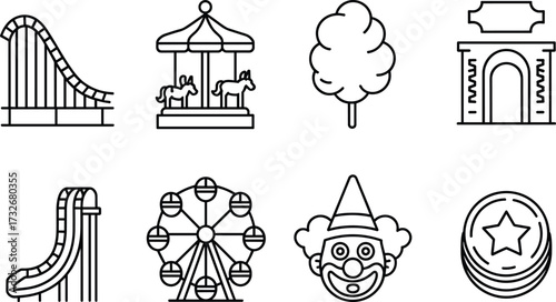 Amusement park line icons featuring roller coaster, carousel, Ferris wheel, clown, cotton candy, entrance gate, water slide, and tickets