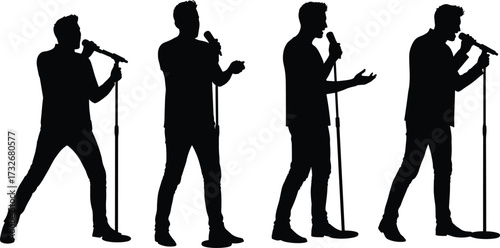Singer silhouette, microphone pose, vocal performance, music expression, stage presence, live concert, artistic gesture, black figure, entertainment theme, passion