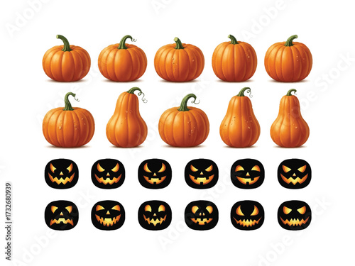 Halloween Pumpkin Varieties: A captivating assortment of pumpkins, including the classic round and the unique gourd shapes.