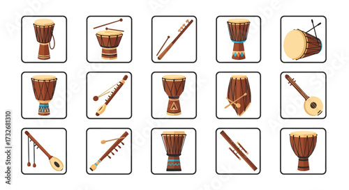 African musical instruments icons set.
