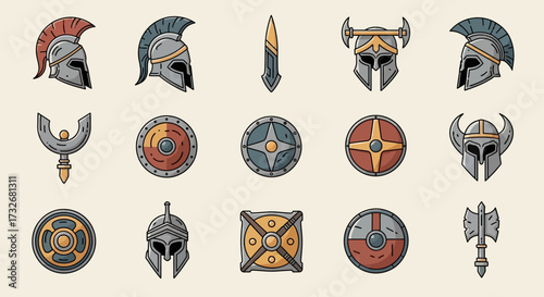 Ancient Greek and Roman warrior helmets shields and weapons.