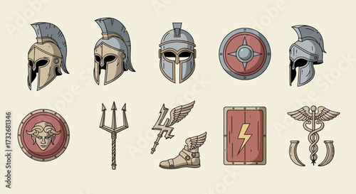 Ancient Greek helmets shields weapons sandals.