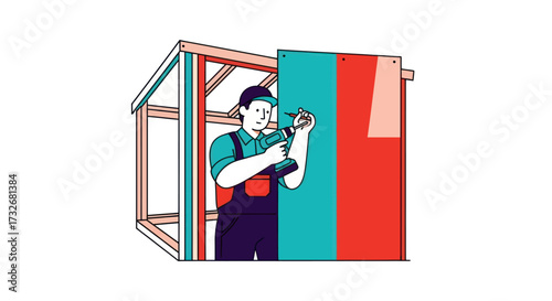 Illustrated handyman in overalls building a wooden frame structure.