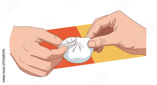 Hands carefully folding a traditional white Asian dumpling.