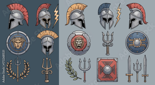 Ancient Greek warrior helmet shield sword and trident collection.