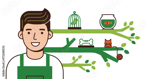 Cartoon Illustration of a Happy Pet Store Employee.