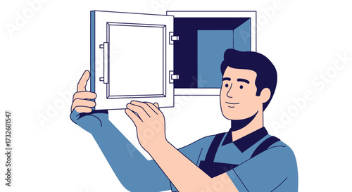 Skilled repairman in uniform installing a wall access panel.