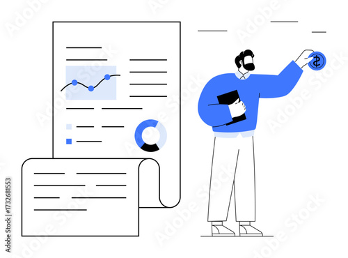 Man in formal attire holding clipboard and showcasing dollar coin beside a financial report with graphs and pie chart. Ideal for finance, investment, data, analytics, economy, decision-making