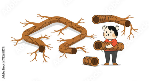 Adorable cartoon bear character holding a hollow log with tree branches.