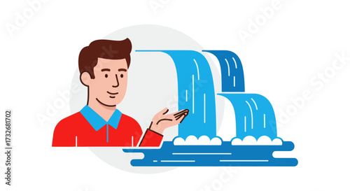 Illustrated man in a red shirt presenting a cascading waterfall.