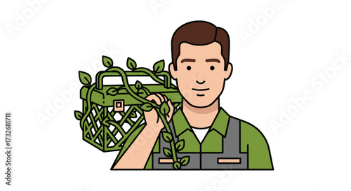 Illustrated male worker holding a green toolbox overgrown with vines.