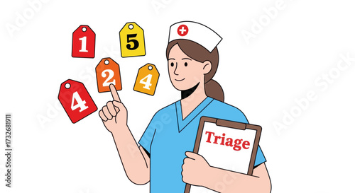 Young female nurse holding a triage clipboard and pointing to numbered tags.