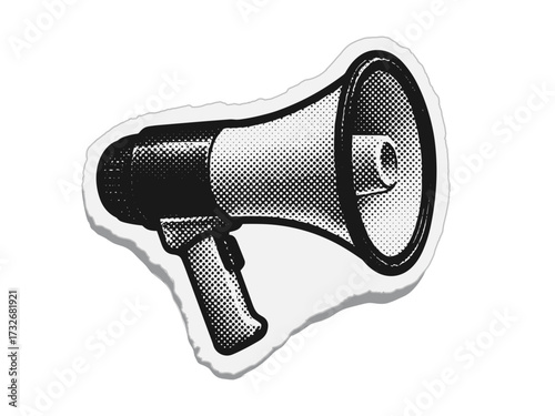 Black and white halftone illustration of megaphone on white background. Clipart image.